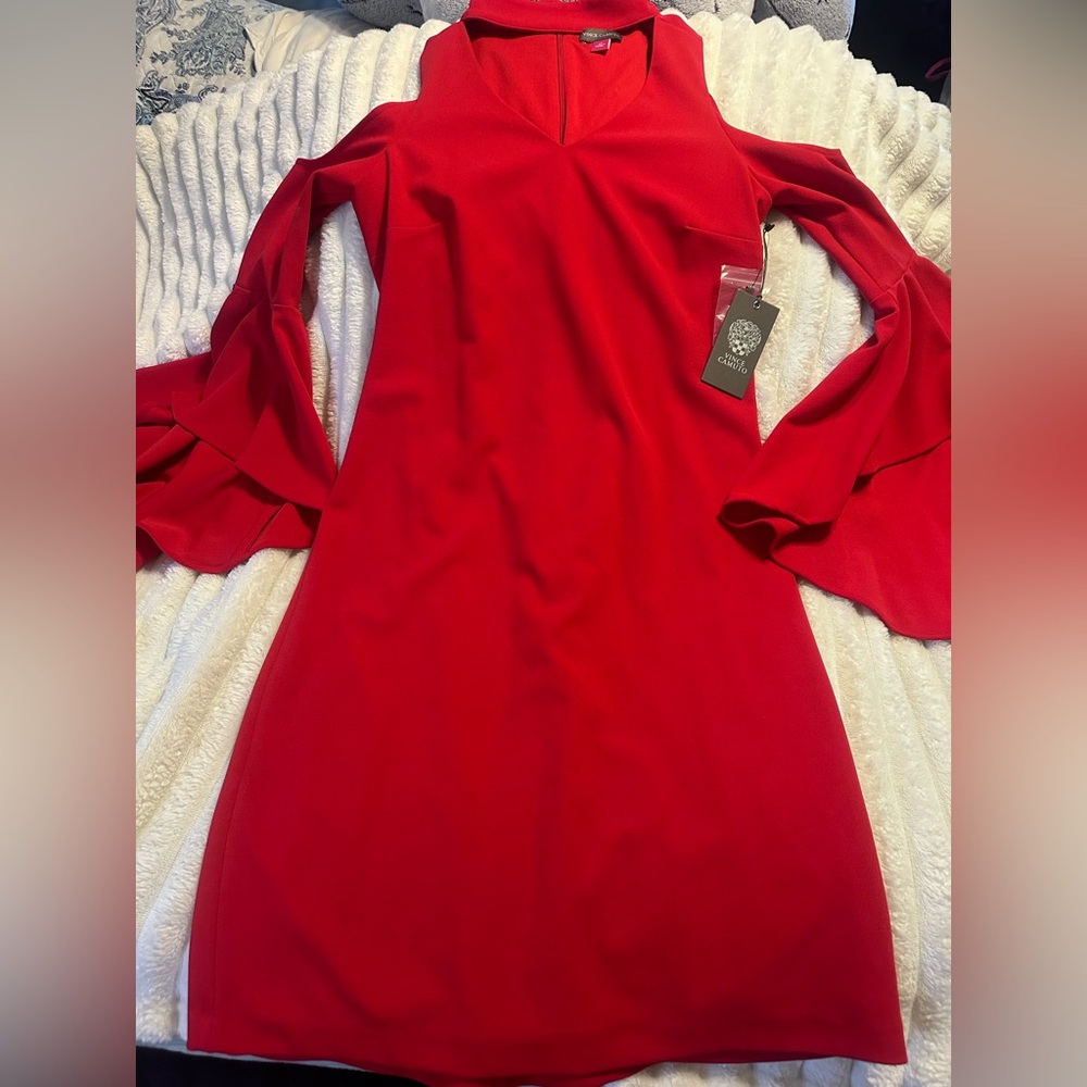Vince Camuto Vibrant Red Long Sleeve bare shoulder Dress